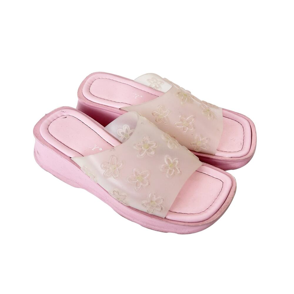Y2K Baby Pink Square Toe Chunky Slip On Wedges Sz 34 / 2Y